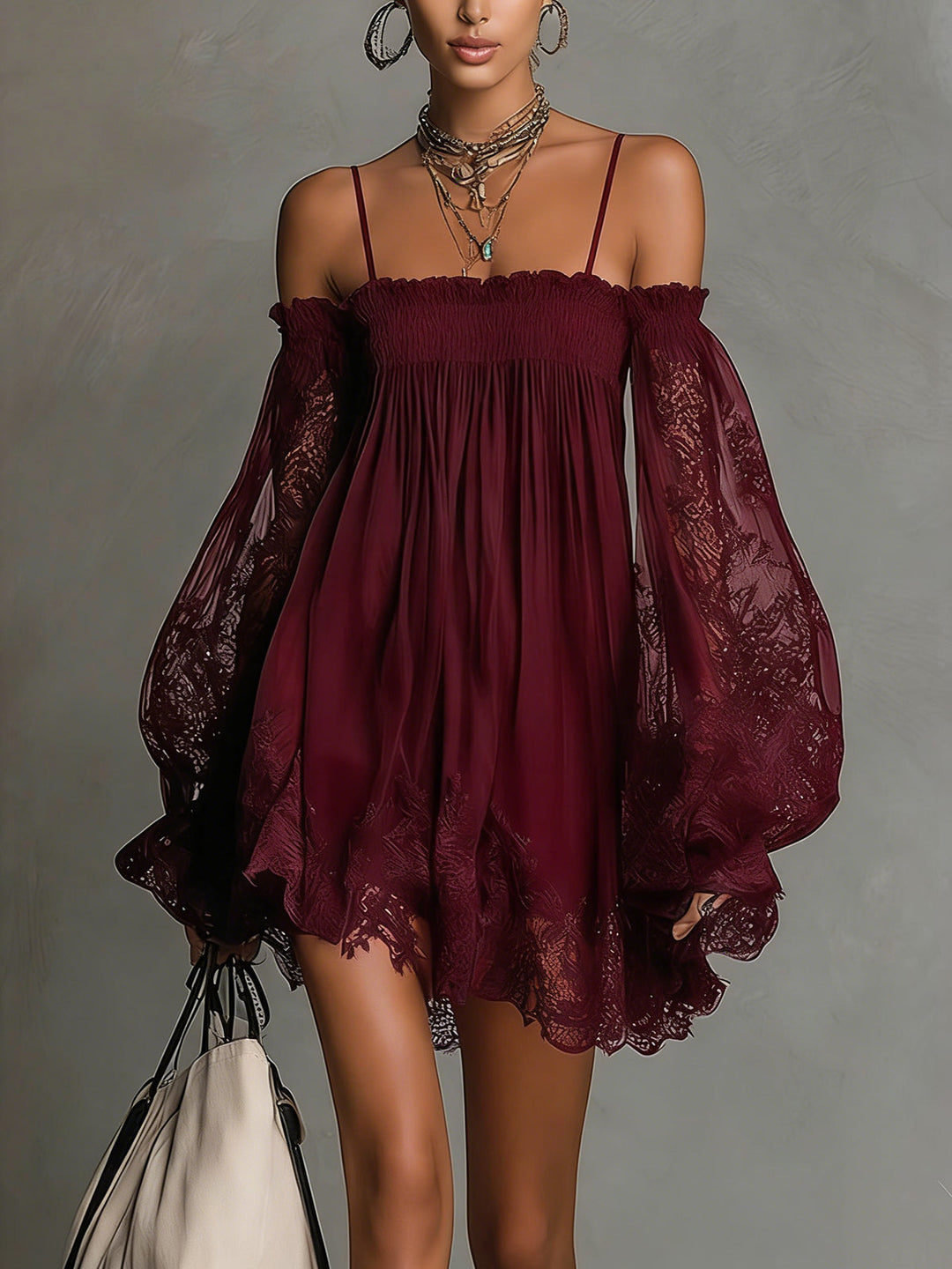 Fiorella™ | Mini Robe Chiffon Bleu Marine à Décolleté Off-the-Shoulder, Détails en Dentelle et Manches Transparentes