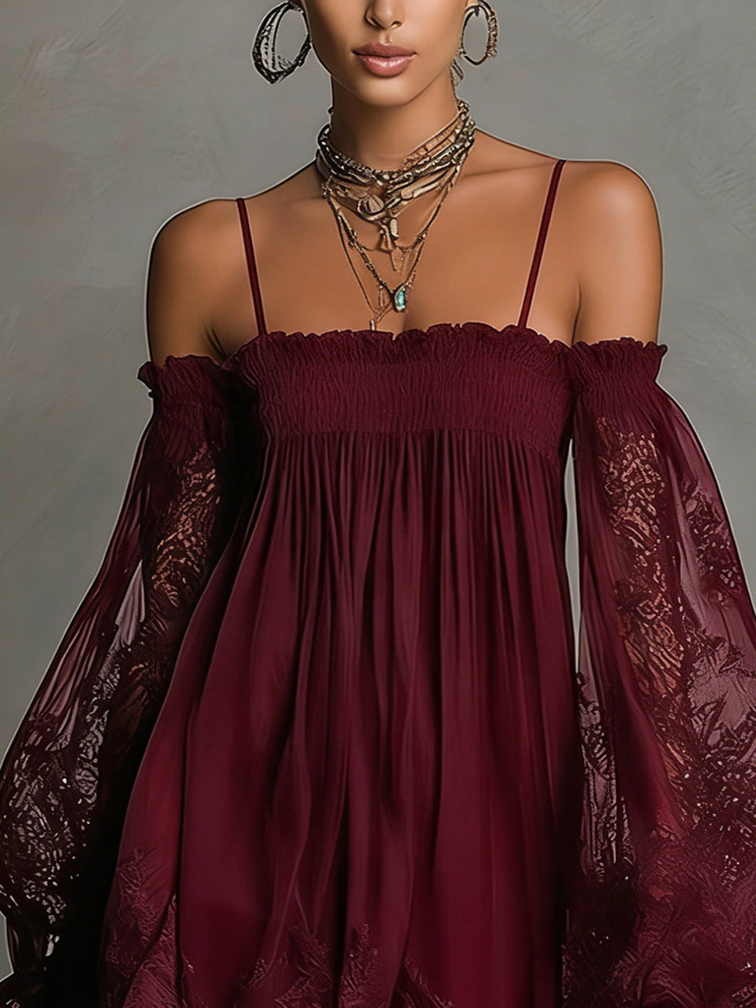 Fiorella™ | Mini Robe Chiffon Bleu Marine à Décolleté Off-the-Shoulder, Détails en Dentelle et Manches Transparentes