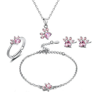 Ensemble de Bijoux Pattes en Or Rose – 4 Pièces avec Cœur en Zirconia (Bague, Collier, Boucles d'Oreilles, Bracelet)