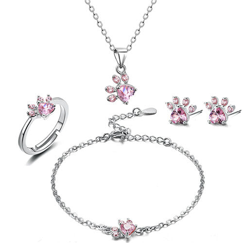Ensemble de Bijoux Pattes en Or Rose – 4 Pièces avec Cœur en Zirconia (Bague, Collier, Boucles d'Oreilles, Bracelet)