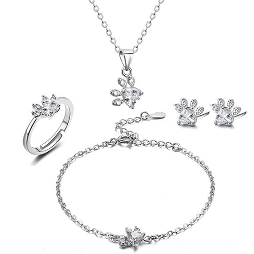 Ensemble de Bijoux Pattes en Or Rose – 4 Pièces avec Cœur en Zirconia (Bague, Collier, Boucles d'Oreilles, Bracelet)
