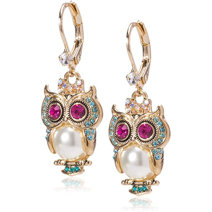 Boucles d'oreilles Vintage Hibou en Cristal – Cristaux Sertis à la Main, Plaqué Or & Détail en Perle