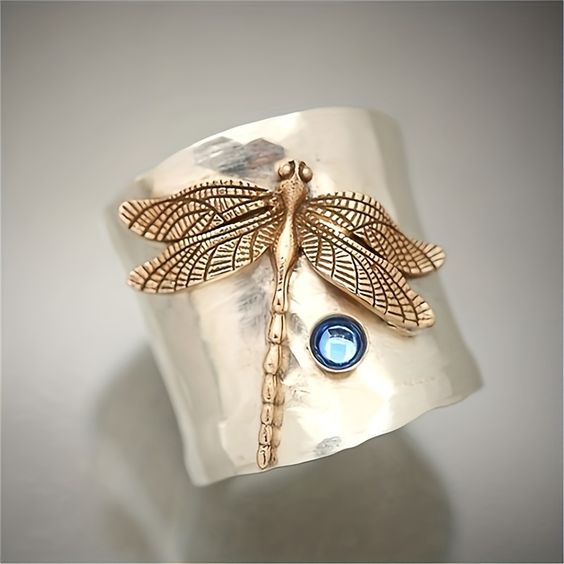 Bague en Argent Vintage Libellule Dorée