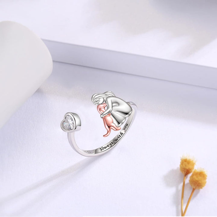 Bague Ajustable pour Chien en Argent Sterling 925 – “Toujours dans Mon Cœur” avec Zirconia