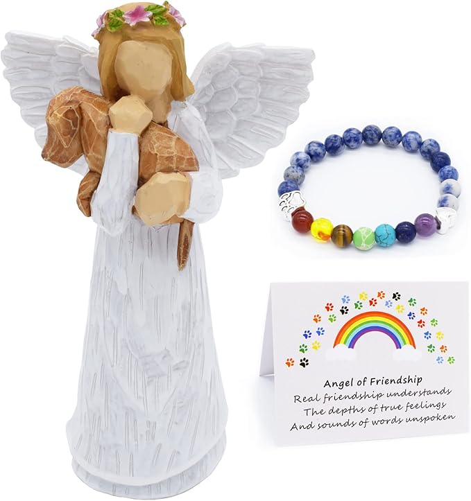 Coffret Cadeau Mémorial pour Chien avec Figurine d'Ange de l'Amitié & Bracelet Chakra du Pont Arc-en-Ciel