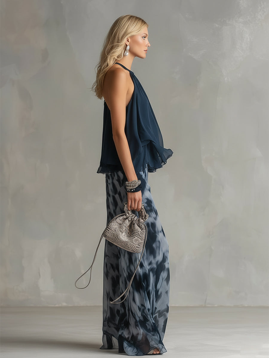 Séverine™ | Élégant haut à col halter bleu marine avec ensemble à jambes larges imprimé