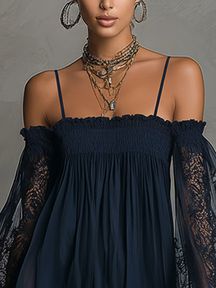 Fiorella™ | Mini Robe Chiffon Bleu Marine à Décolleté Off-the-Shoulder, Détails en Dentelle et Manches Transparentes