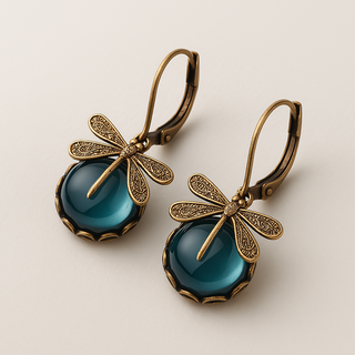 Boucles d'oreilles Libellule Sphérique en Or Antique