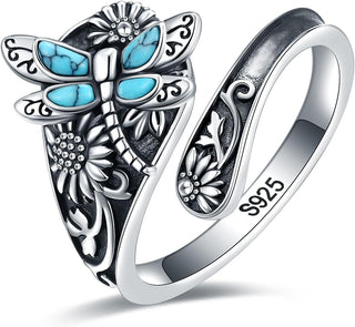 Bague cuillère en argent sterling et turquoise – Bague vintage boho avec libellule