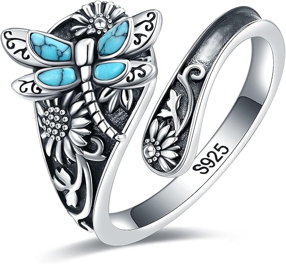 Bague cuillère en argent sterling et turquoise – Bague vintage boho avec libellule