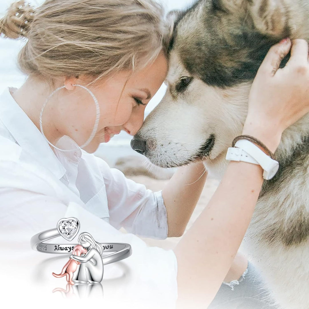 Bague Ajustable pour Chien en Argent Sterling 925 – “Toujours dans Mon Cœur” avec Zirconia