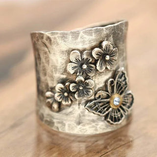 Bague Large en Or avec Abeille, Fleur et Papillon