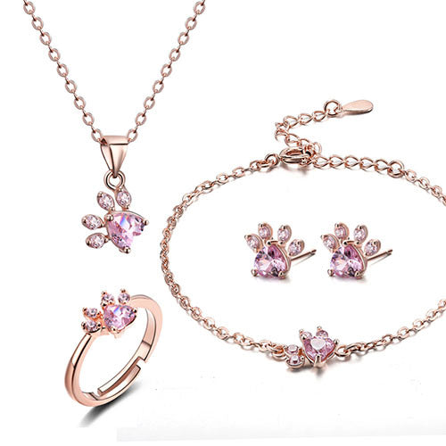Ensemble de Bijoux Pattes en Or Rose – 4 Pièces avec Cœur en Zirconia (Bague, Collier, Boucles d'Oreilles, Bracelet)