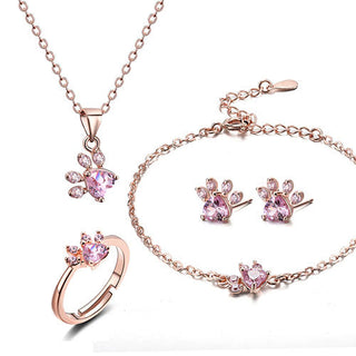 Ensemble de Bijoux Pattes en Or Rose – 4 Pièces avec Cœur en Zirconia (Bague, Collier, Boucles d'Oreilles, Bracelet)