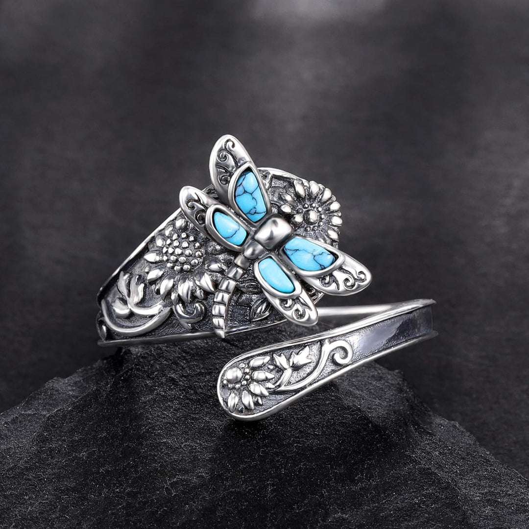 Bague cuillère en argent sterling et turquoise – Bague vintage boho avec libellule