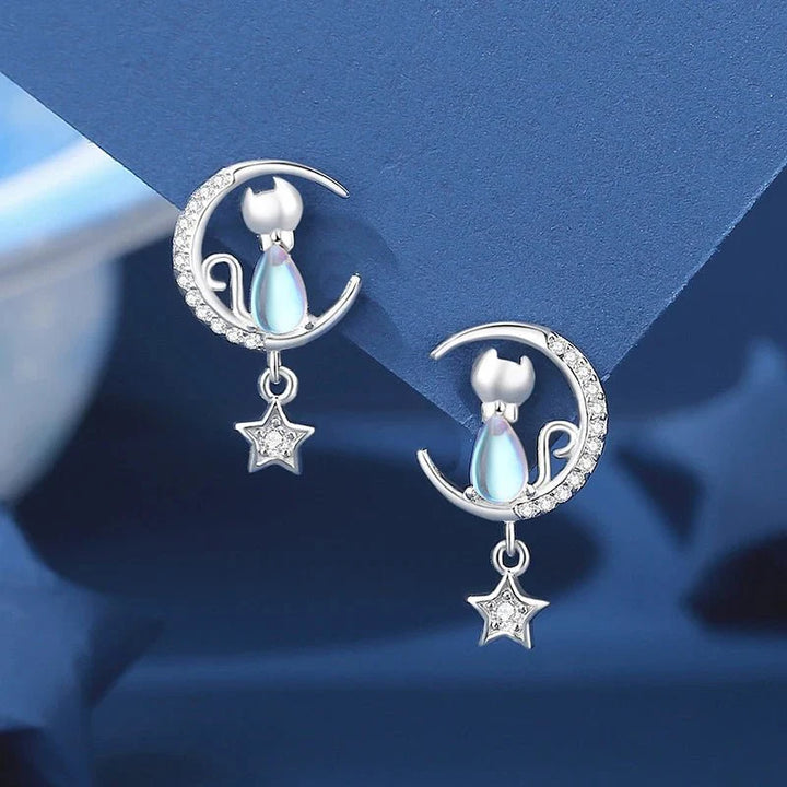 Boucles d'oreilles Chat Lune & Étoile en Argent 925 avec Zircon