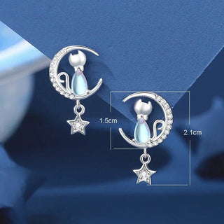 Boucles d'oreilles Chat Lune & Étoile en Argent 925 avec Zircon
