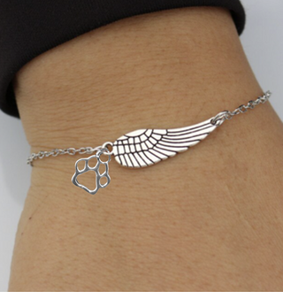 Bracelet commémoratif en argent avec aile d'ange et empreinte de patte | Fait main