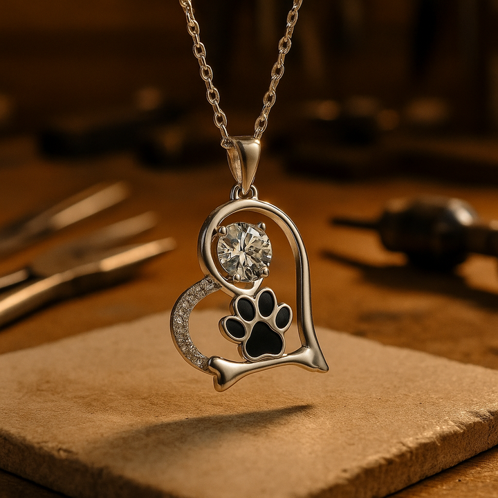 Collier en Argent Fait Main avec Empreinte de Patte de Chien et Détail en Os avec Zirconia