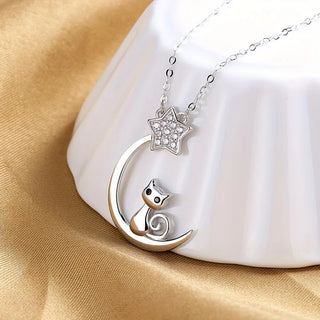 Collier en Argent Sterling avec Silhouette de Chat et Étoiles de Lune