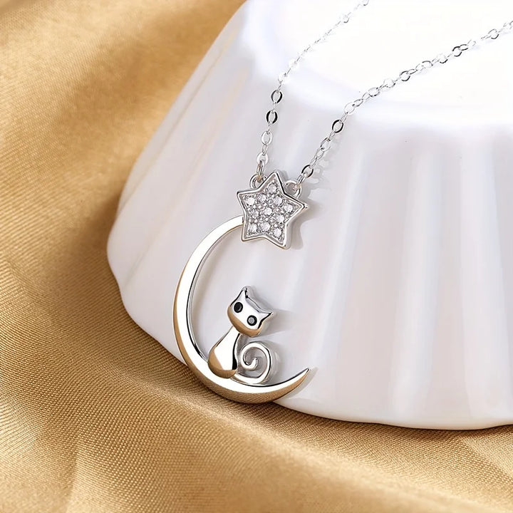 Collier en Argent Sterling avec Silhouette de Chat et Étoiles de Lune