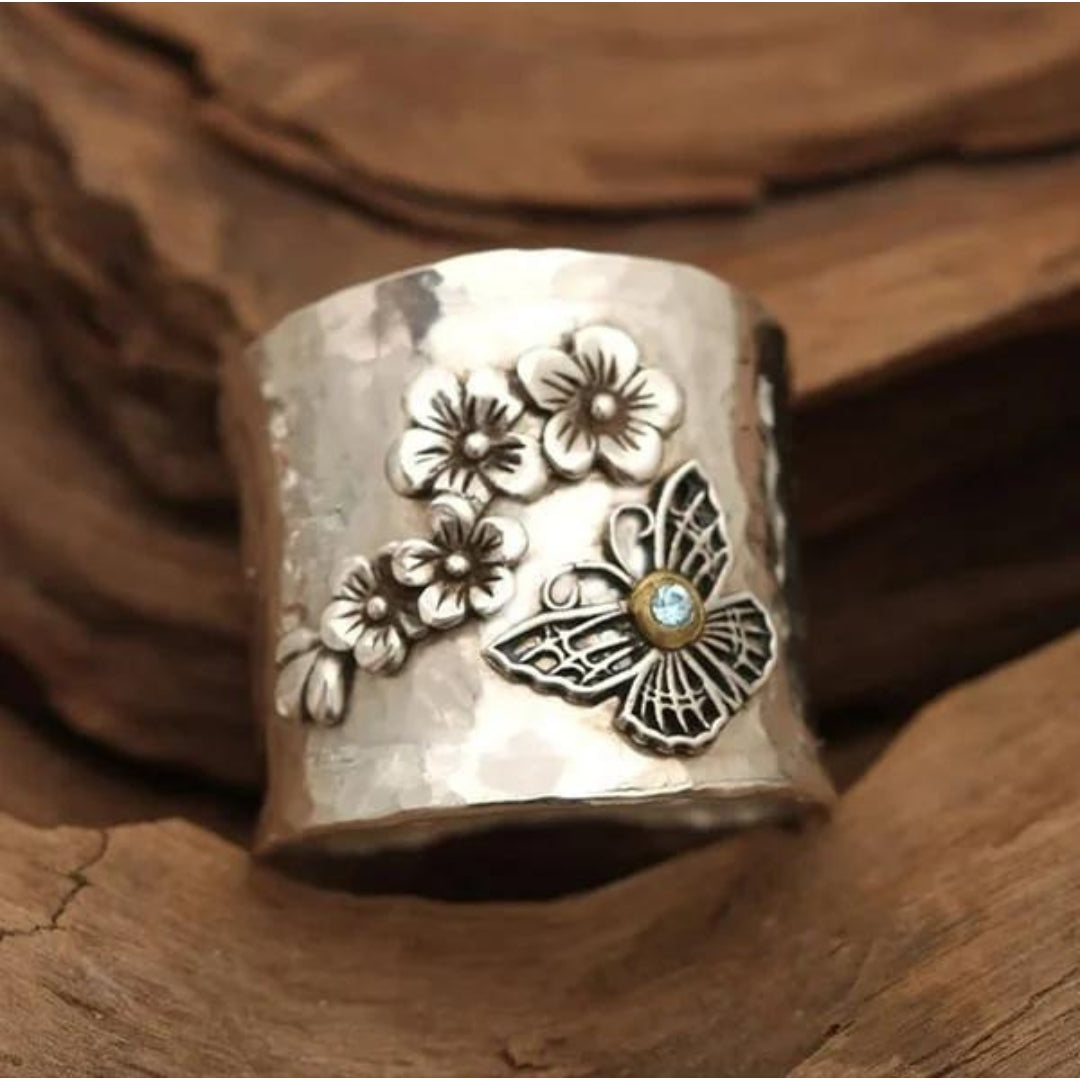 Bague Large en Or avec Abeille, Fleur et Papillon
