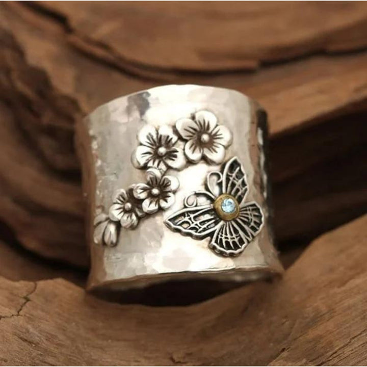 Bague Large en Or avec Abeille, Fleur et Papillon