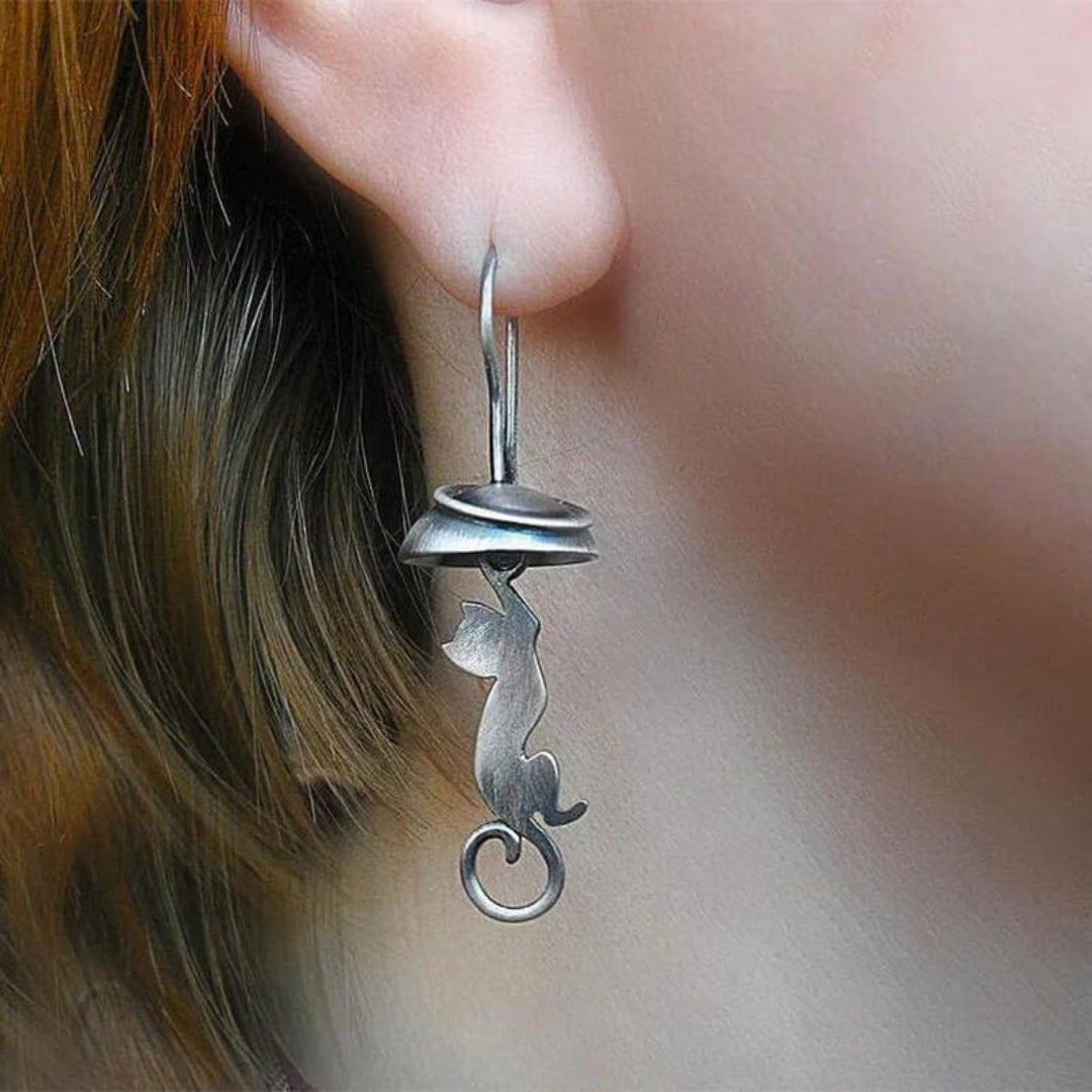Boucles d'oreilles pendentif chat en argent sterling boho