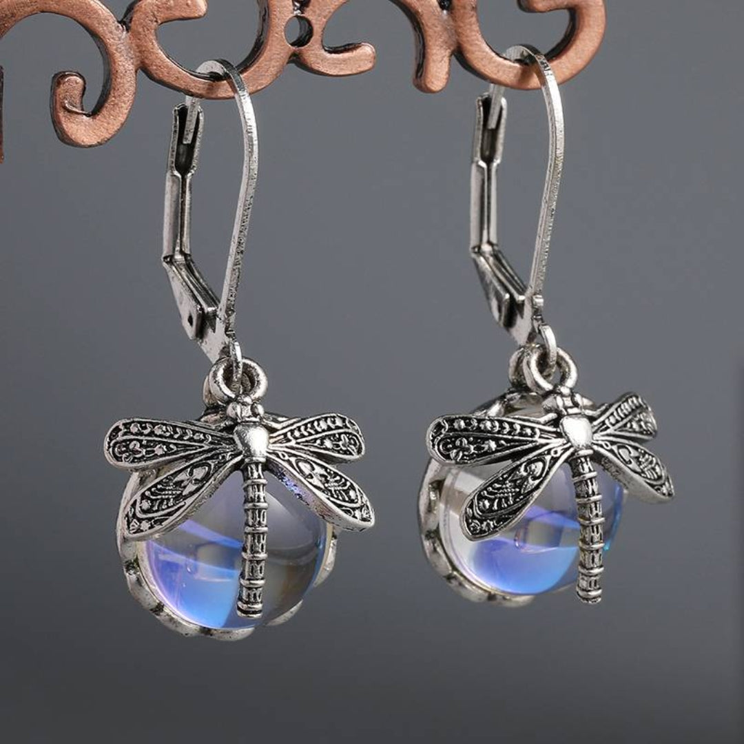 Boucles d'oreilles Libellule Sphérique en Argent Antique