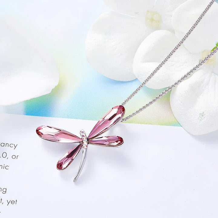 Collier Pendentif en Cristal Libellule Rose