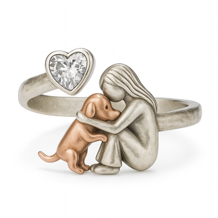 Bague pour Chien en Argent Sterling 925 Fait Main avec Zirconia en Forme de Cœur – Taille Ajustable