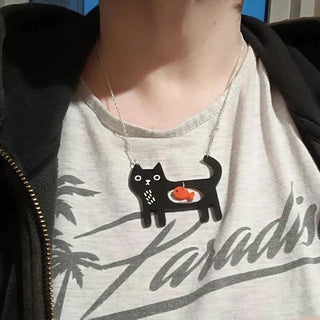 Collier Pendentif Acrylique Chat & Poisson Fantaisiste