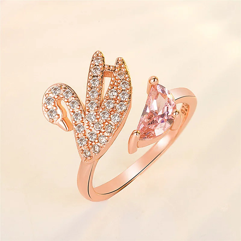 Bague en Cristal Cygne - Ajustable en Or Rose