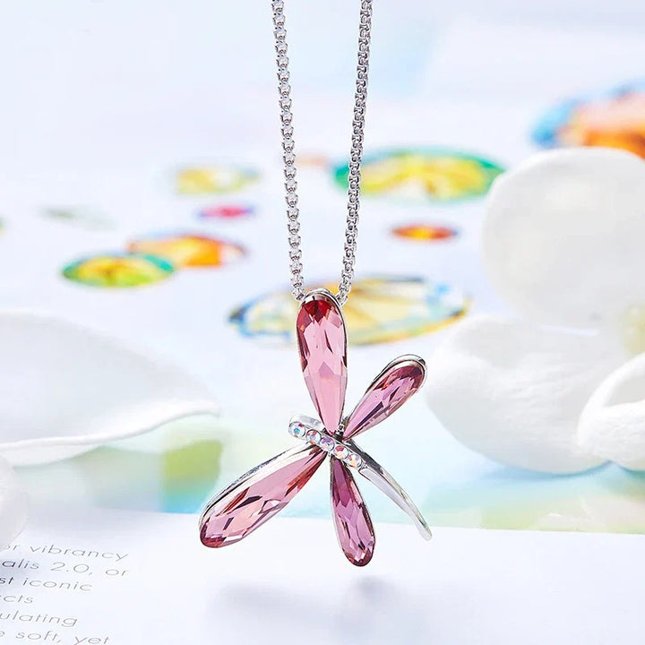 Collier Pendentif en Cristal Libellule Rose