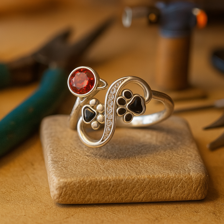 Bague Ajustable avec Empreinte de Patte Noire et Pierre Précieuse Rouge