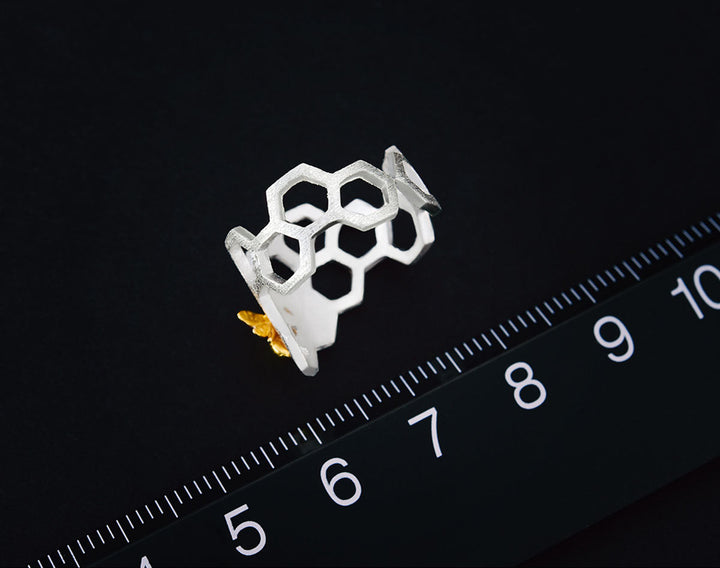Bague en nid d'abeille plaquée or 18K ajustable