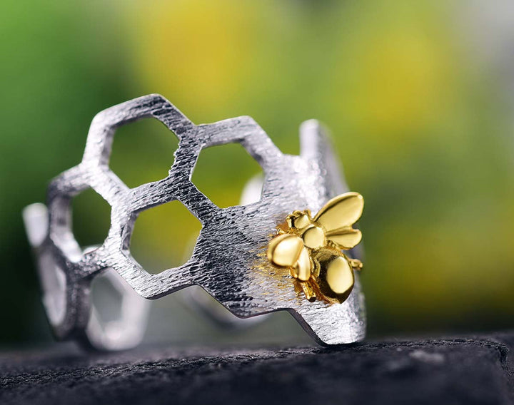 Bague en nid d'abeille plaquée or 18K ajustable
