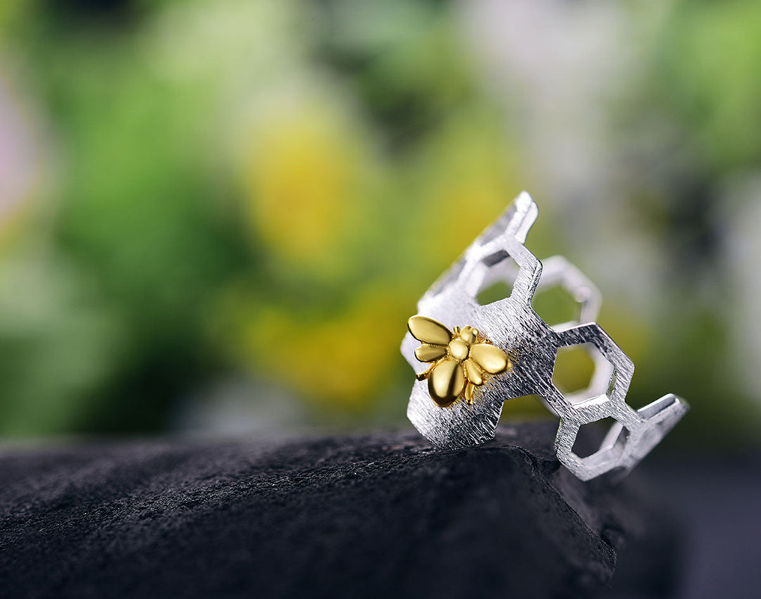 Bague en nid d'abeille plaquée or 18K ajustable
