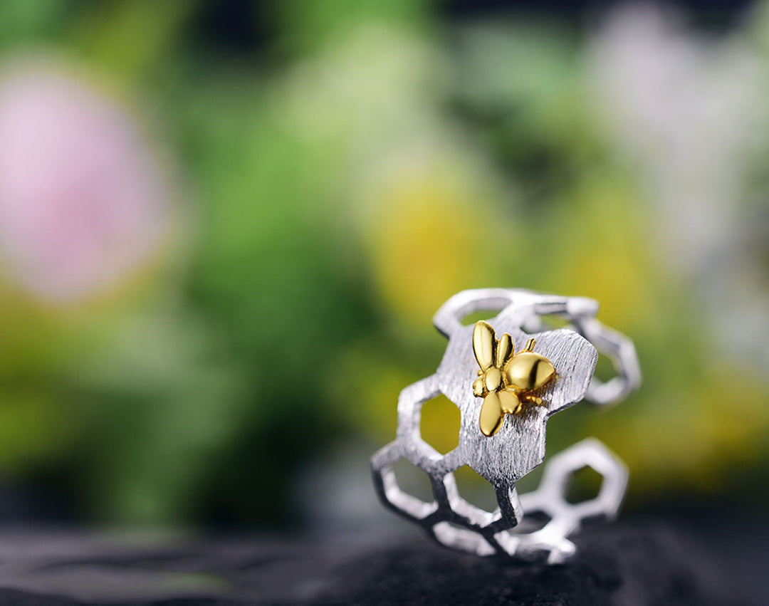Bague en nid d'abeille plaquée or 18K ajustable