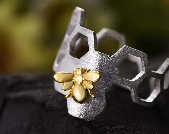 Bague en nid d'abeille plaquée or 18K ajustable