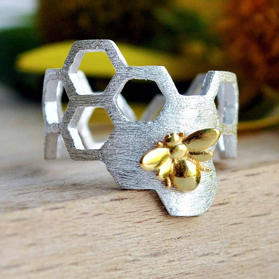 Bague en nid d'abeille plaquée or 18K ajustable