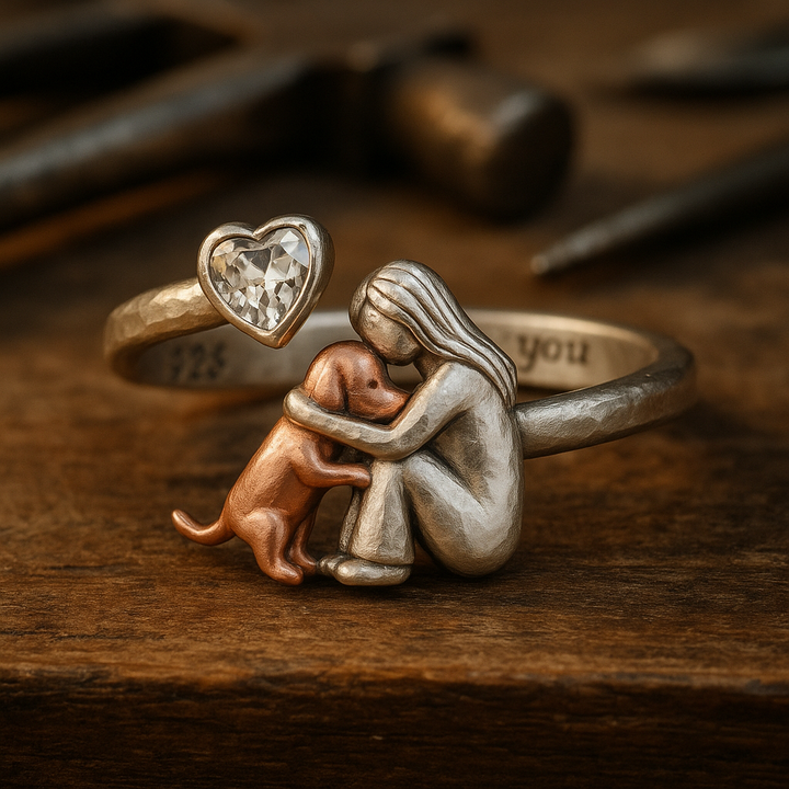 Bague pour Chien en Argent Sterling 925 Fait Main avec Zirconia en Forme de Cœur – Taille Ajustable