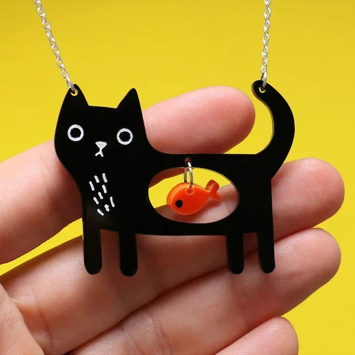 Collier Pendentif Acrylique Chat & Poisson Fantaisiste