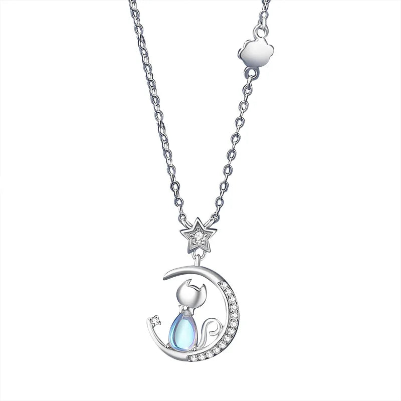 Collier en Argent Sterling Chat Lune