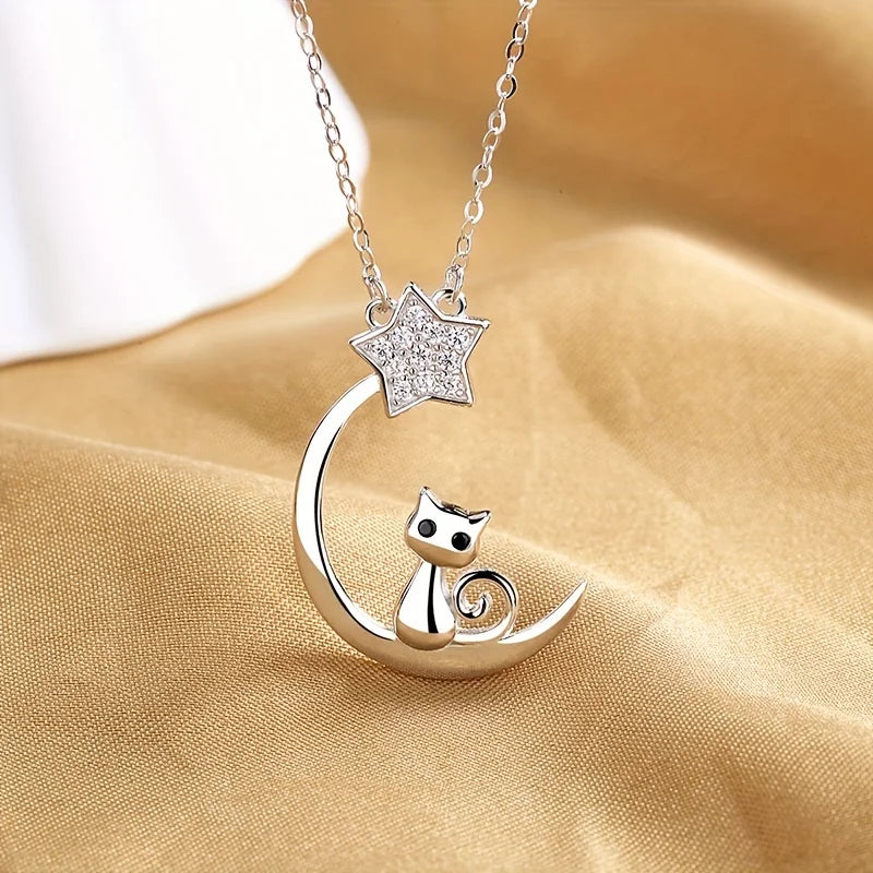 Collier en Argent Sterling avec Silhouette de Chat et Étoiles de Lune
