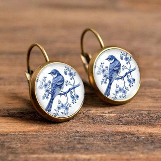 Boucles d'oreilles en verre sous dôme de pie bleue vintage
