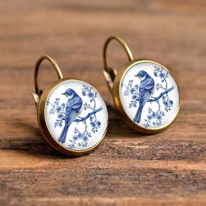 Boucles d'oreilles en verre sous dôme de pie bleue vintage