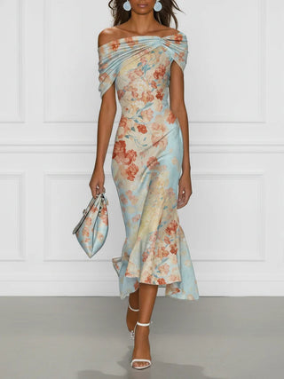 Vittoria™ | Robe Midi Sirène Sans Manches à Épaules Dénudées et Imprimé Floral Bleu
