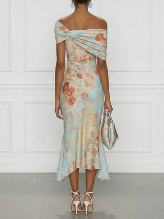 Vittoria™ | Robe Midi Sirène Sans Manches à Épaules Dénudées et Imprimé Floral Bleu