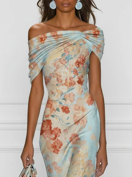 Vittoria™ | Robe Midi Sirène Sans Manches à Épaules Dénudées et Imprimé Floral Bleu